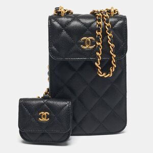 Chanel Black Quilted Caviar Leather Phone Holder Crossbody Bag